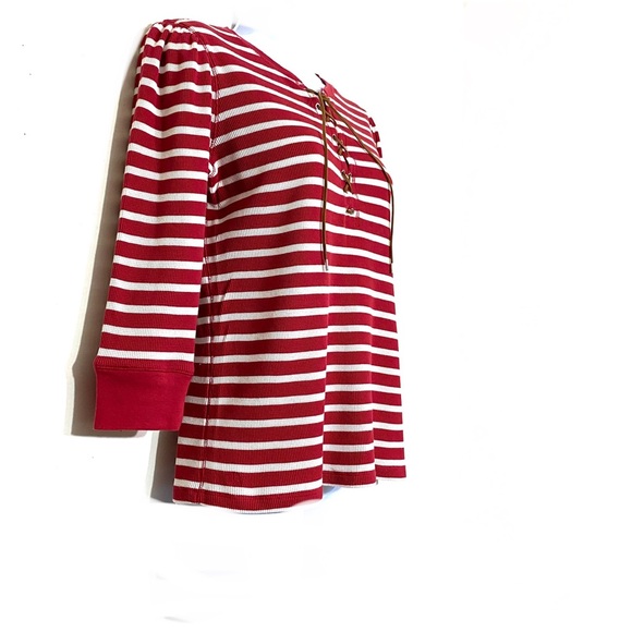 Lauren Ralph Lauren RED stripe 3/4 sleeve lace up front top waffle fabric size M - Picture 6 of 12